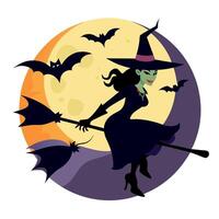 A witch flying on a broom with bats flying around her vector