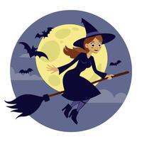 A cartoon witch flying on a broom with bats flying around her vector