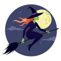 A cartoon witch flying on a broom with the moon in the background vector