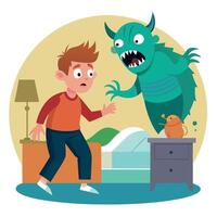 A boy is scared of a monster in his bedroom vector