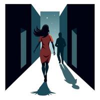 A woman walking down an alleyway with a man in the background vector
