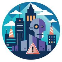A robot with a warning sign in front of a city vector