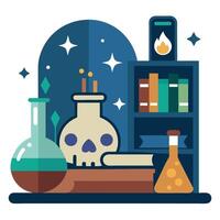 A flat illustration of a laboratory with a skull and books vector