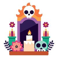 Day of the dead altar with skulls and candles vector