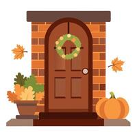 A door with a wreath and pumpkins on it vector