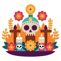 Day of the dead skull with candles and flowers vector