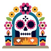 Day of the dead skull with candles and flowers vector