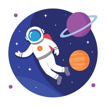 An astronaut floating in space with planets and stars vector