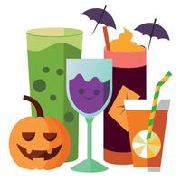 Halloween drinks and drinks with pumpkins and umbrellas vector