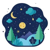 Night sky with moon and stars, trees and forest vector