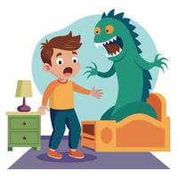 A boy is scared of a monster in his bed vector