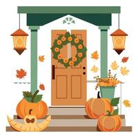 A door with pumpkins and a wreath on it vector