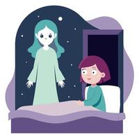 A girl is in bed with a ghost vector