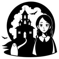 A black and white illustration of a girl and ghost in front of a haunted house vector