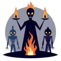 A cartoon skeleton with two other skeletons and a fire vector