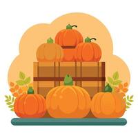 Pumpkins and leaves in a wooden crate vector
