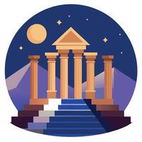 An illustration of a temple with pillars and a moon vector