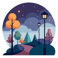 An illustration of a street with trees and street lights vector