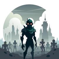 A poster with a robot standing in front of a city vector