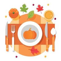 Thanksgiving table with pumpkin, fork, knife and spoon vector