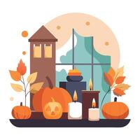 Halloween pumpkins and candles on a table vector