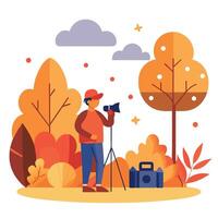 Autumn landscape photographer with camera and tripod illustration vector