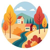 Autumn landscape with houses, trees and river vector