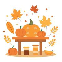 Pumpkin and leaves on a table with coffee vector