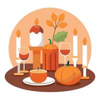 Thanksgiving dinner table with pumpkin, candles and wine vector