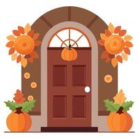 A door with pumpkins and flowers on it vector