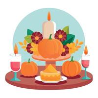 Thanksgiving table with pumpkin, candles and flowers vector