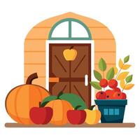 A door with apples and pumpkins on it vector