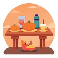 Thanksgiving table with pumpkins, apples, and a candle vector