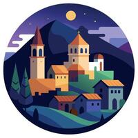 A flat illustration of a village at night vector