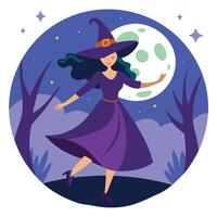 A cartoon witch in a purple dress and hat is standing in front of the moon vector