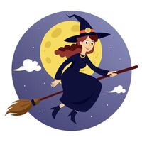 A cartoon witch flying on a broom with the moon in the background vector