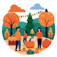 People are walking around an autumn pumpkin patch vector