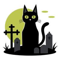 A black cat sits in a graveyard with crosses and tombstones vector