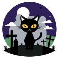 A black cat is standing in front of a graveyard with crosses vector