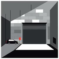 An illustration of a garage with a car parked in front vector