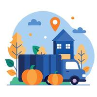 A truck with pumpkins and a house on it vector