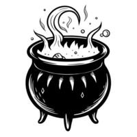 A black and white drawing of a cauldron with boiling water vector