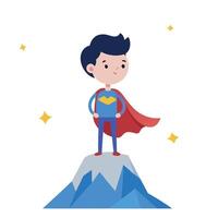 Superhero boy standing on top of mountain vector