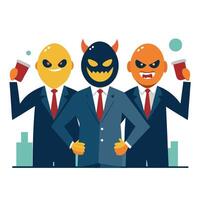Three men in suits with devil masks and horns vector