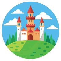 A castle in the middle of a field with trees and clouds vector