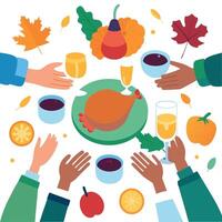 Thanksgiving dinner with hands and food vector