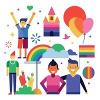People are standing around a rainbow flag and balloons vector
