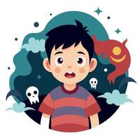 A boy is standing in front of a scary monster vector