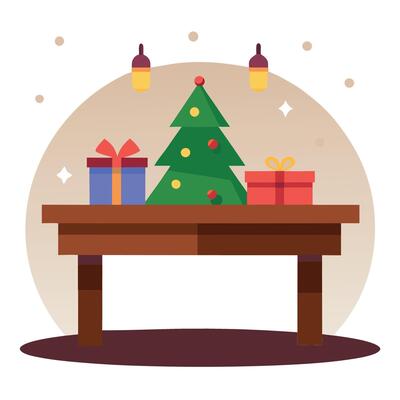 Christmas table with presents and christmas tree illustration