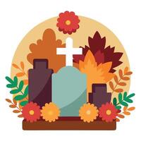 A cross and flowers are surrounded by autumn leaves vector